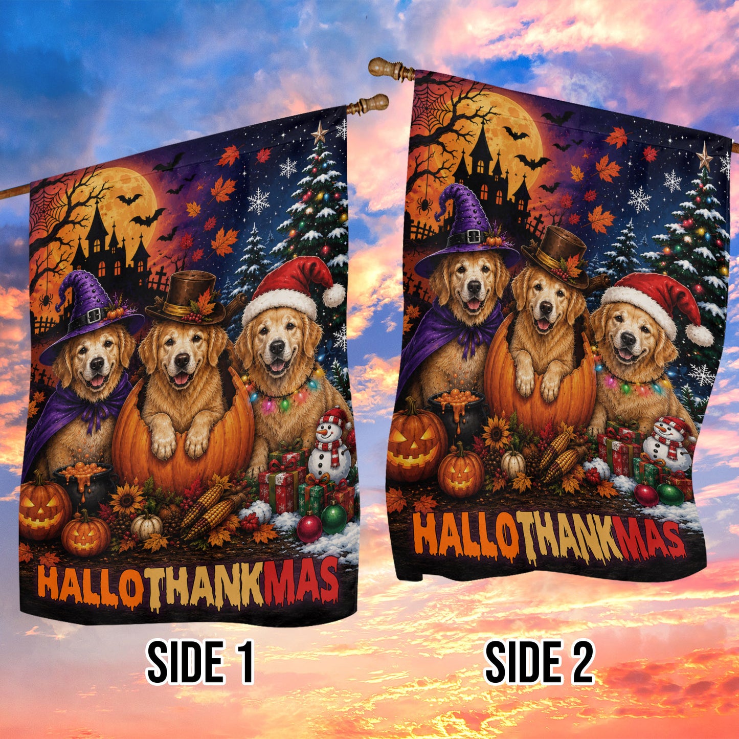 Funny Halloween Thanksgiving Christmas Golden Retriever Dog Garden & House Flag, Happy HalloThanksMas Yard Flag, 3 Seasons In 1 Flag Gift For Dog Lover