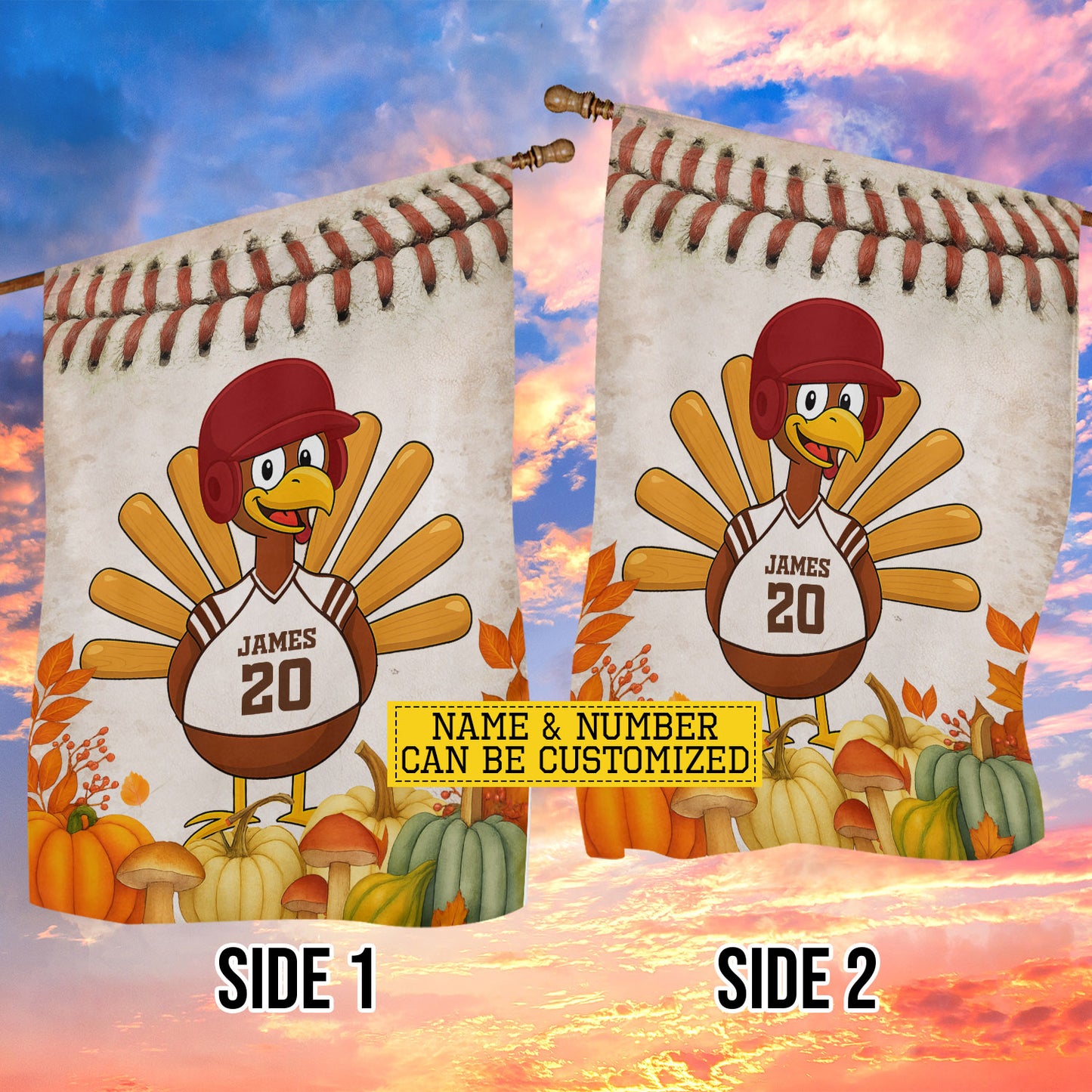 Cute Personalized Thanksgiving Baseball Garden & House Flag, Thankful Turkey Outdoor Decor, Yard Decor Gift For Baseball Lovers