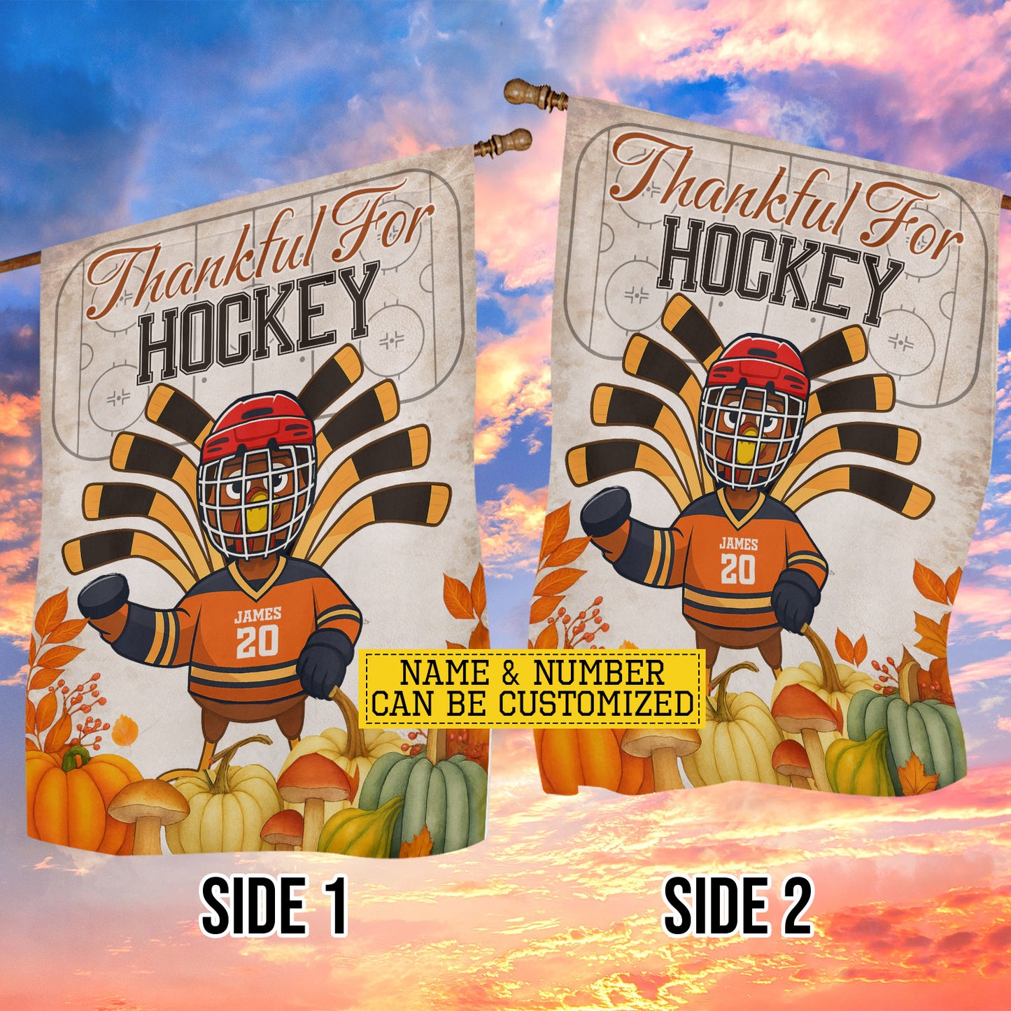 Personalized Thanksgiving Hockey Garden & House Flag, Thankful For Hockey Turkey Outdoor Decor, Yard Decor Gift For Hockey Lovers