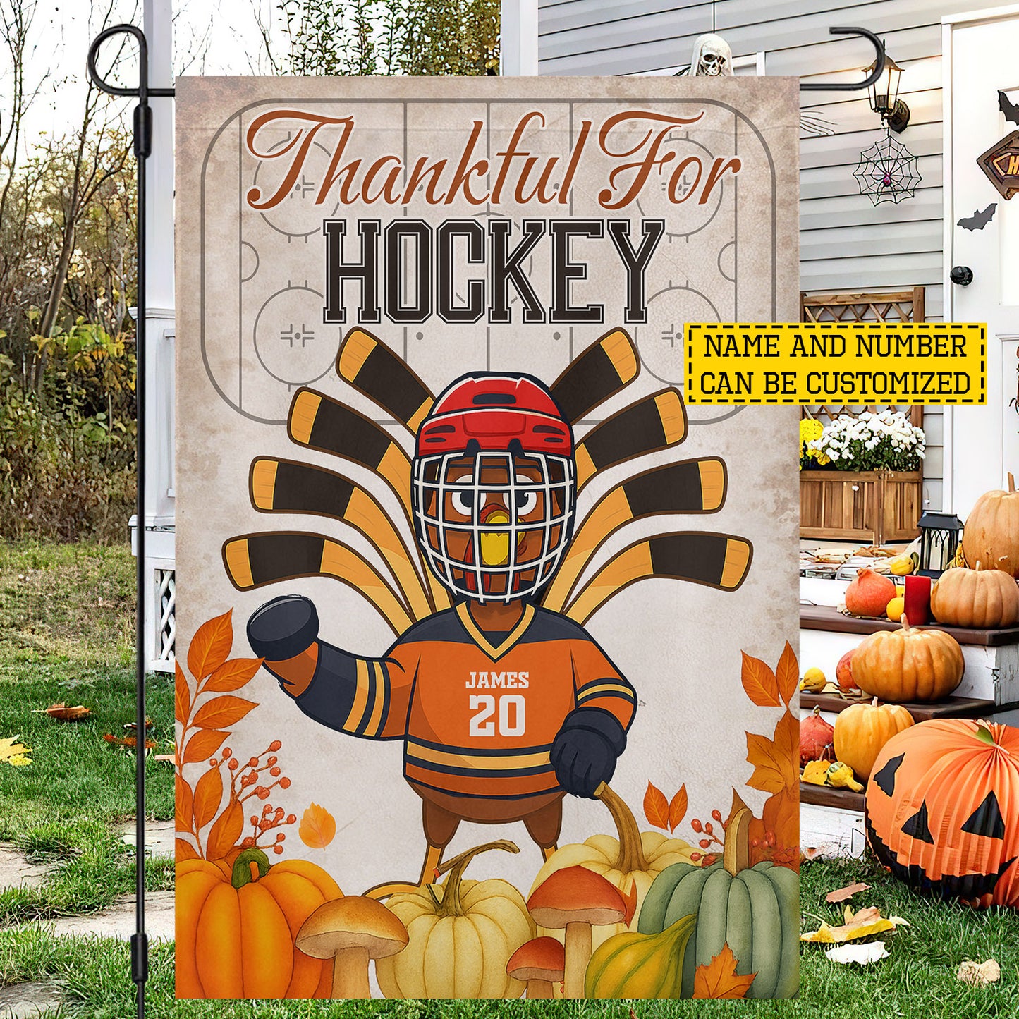 Personalized Thanksgiving Hockey Garden & House Flag, Thankful For Hockey Turkey Outdoor Decor, Yard Decor Gift For Hockey Lovers