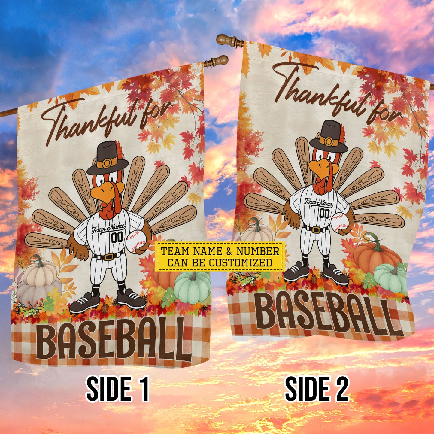 Personalized Thanksgiving Baseball Garden & House Flag, Thankful For Baseball Turkey Outdoor Decor, Yard Decor Gift For Baseball Lovers