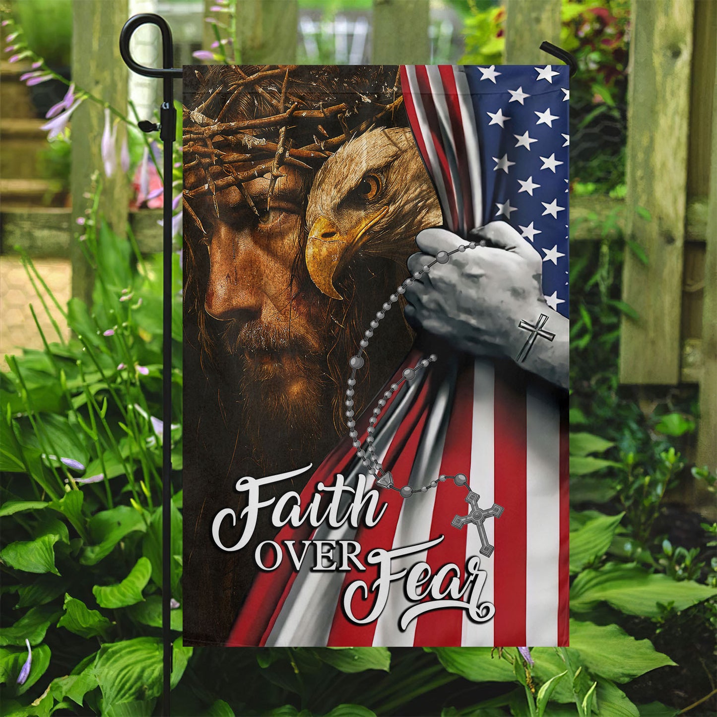 July 4th Jesus And Eagle Garden Flag - House Flag, Faith Over Fear, Independence Day Yard Flag Gift For America Lovers