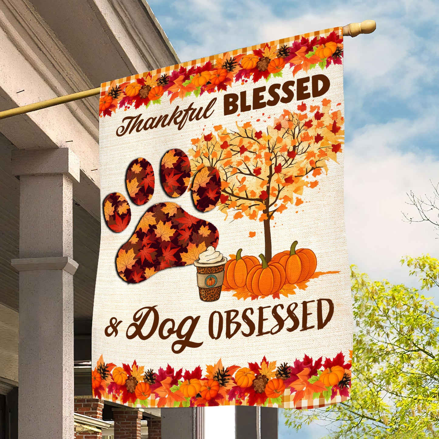Thanksgiving Dog Garden & House Flag, Thankful Blessed & Dog Obsessed Outdoor Decor, Give Thanks Yard Decor Gift For Dog Lovers