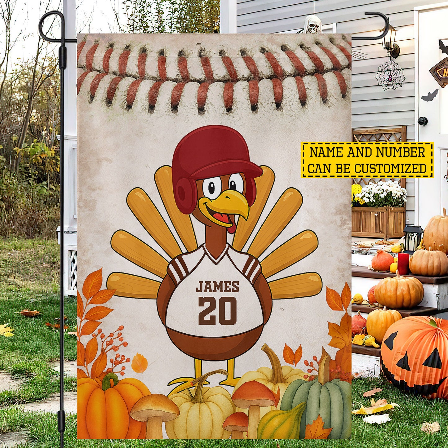 Cute Personalized Thanksgiving Baseball Garden & House Flag, Thankful Turkey Outdoor Decor, Yard Decor Gift For Baseball Lovers