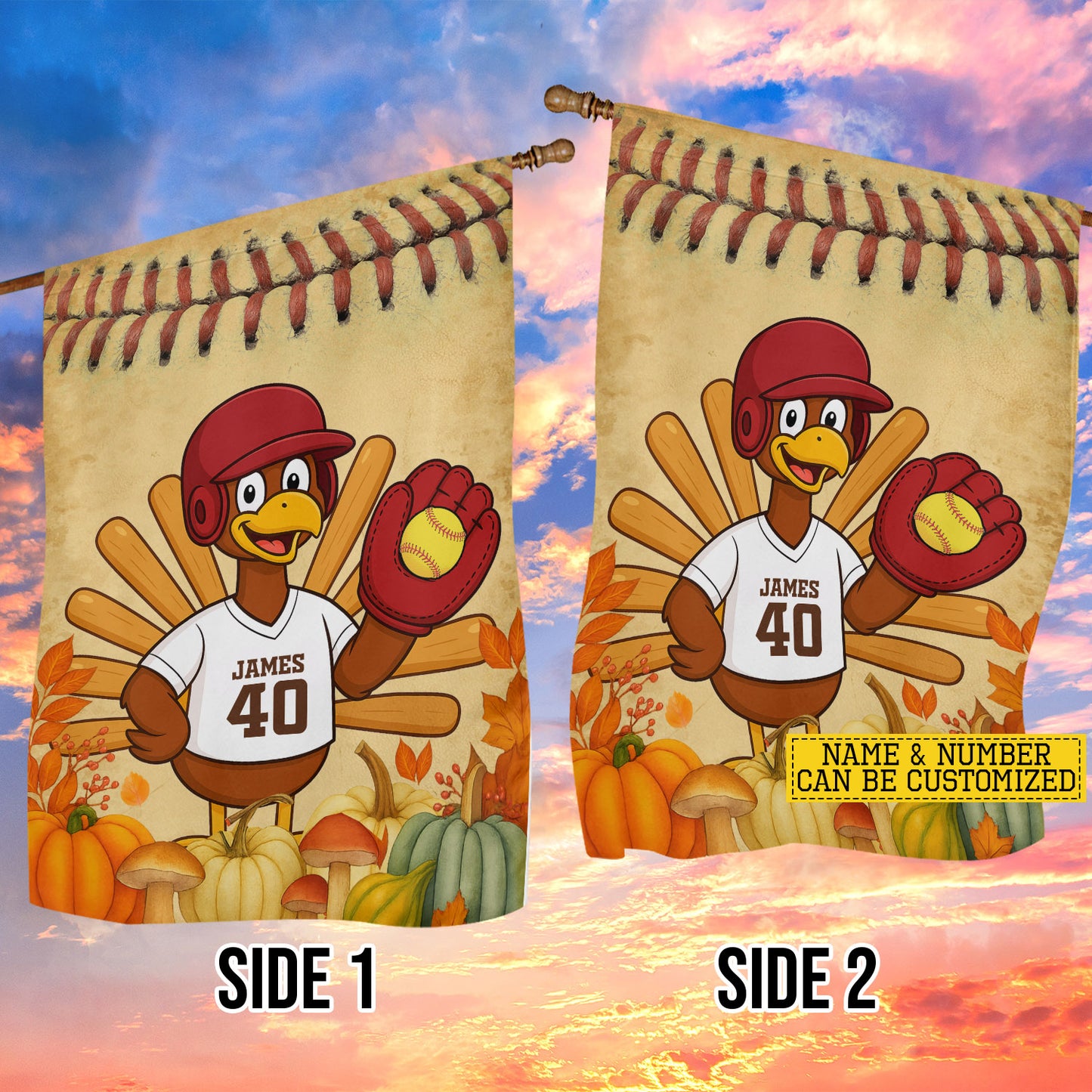 Cute Personalized Thanksgiving Softball Garden & House Flag, Thankful Turkey Outdoor Decor, Yard Decor Gift For Softball Lovers