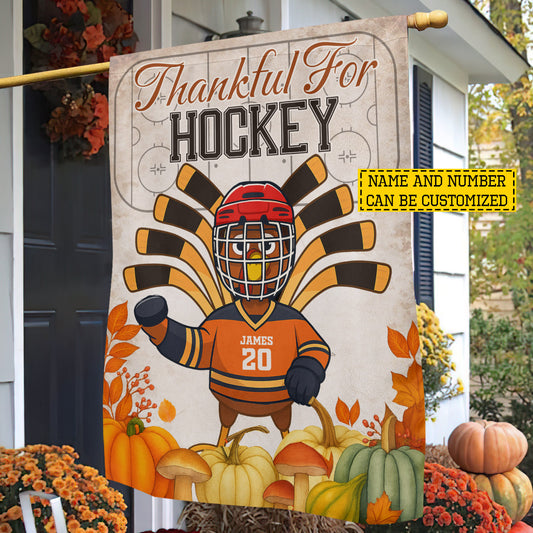 Personalized Thanksgiving Hockey Garden & House Flag, Thankful For Hockey Turkey Outdoor Decor, Yard Decor Gift For Hockey Lovers