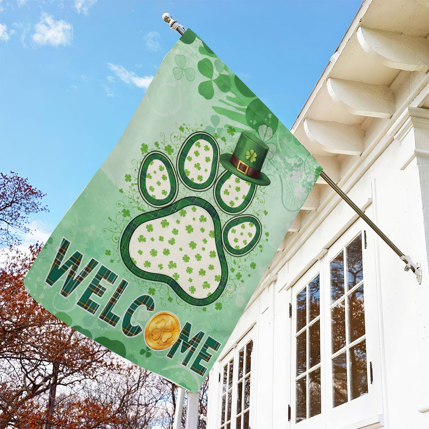 Lucky Shamrock Dog Paw Garden Flag & House Flag, Welcome Irish Outdoor Decor, St Patrick's Day Yard Flag Gift For Dog Lover