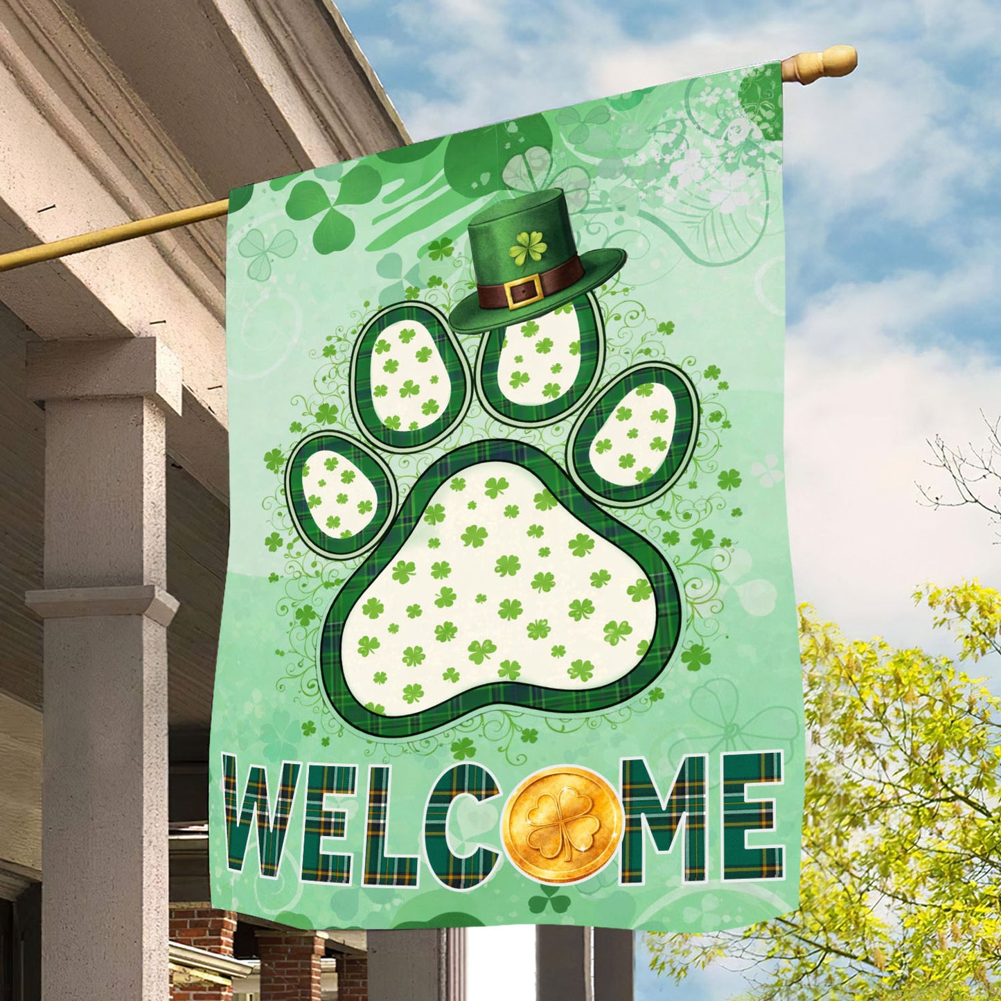 Lucky Shamrock Dog Paw Garden Flag & House Flag, Welcome Irish Outdoor Decor, St Patrick's Day Yard Flag Gift For Dog Lover