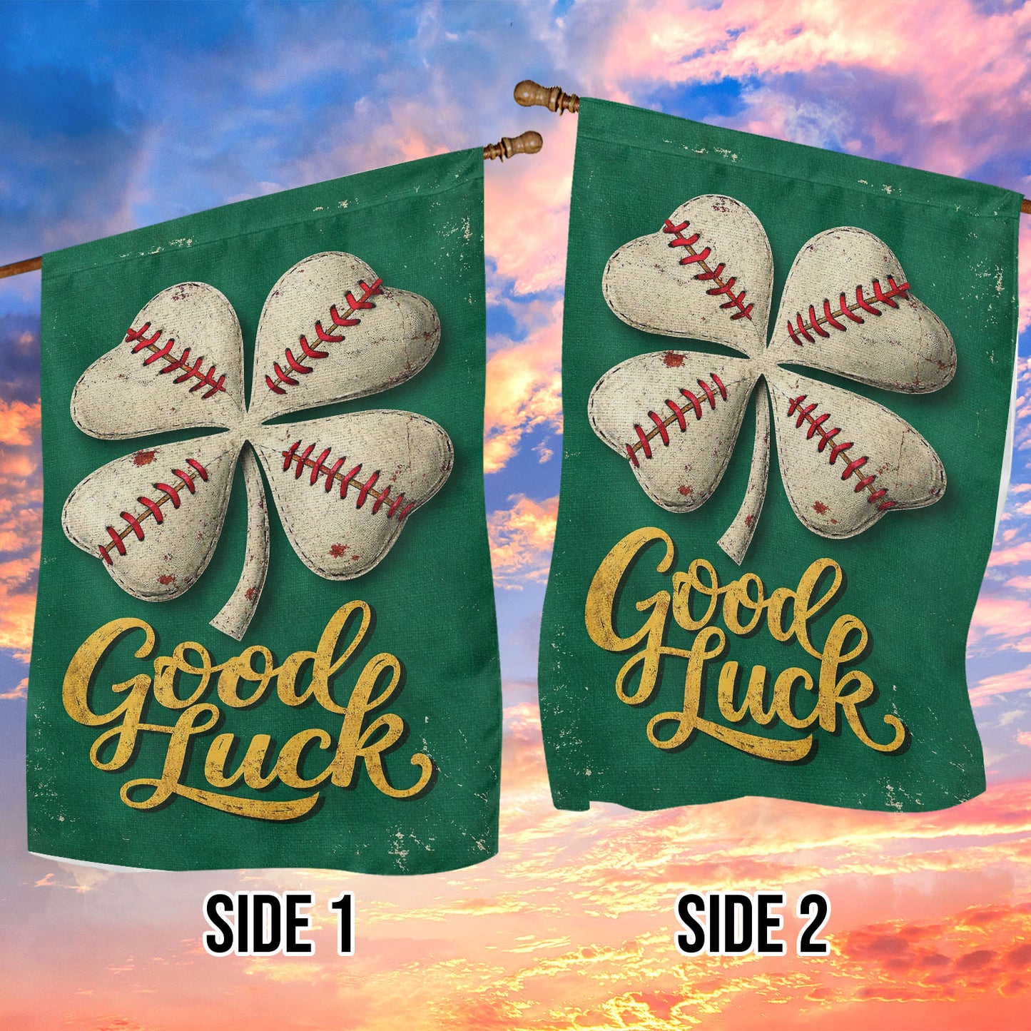 Baseball Four-Leaf Clover Garden Flag & House Flag, Good Luck Outdoor Decor, St Patrick's Day Yard Flag Gift For Baseball Lover