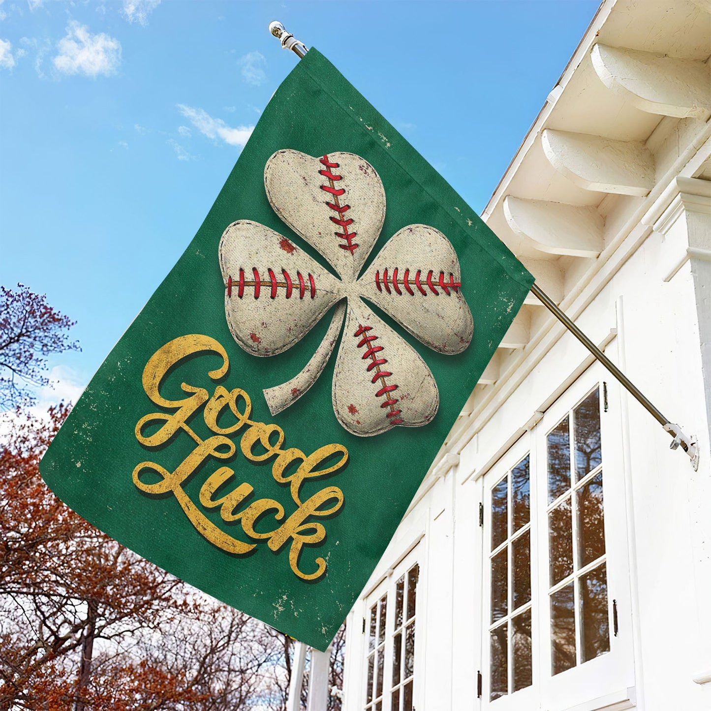 Baseball Four-Leaf Clover Garden Flag & House Flag, Good Luck Outdoor Decor, St Patrick's Day Yard Flag Gift For Baseball Lover