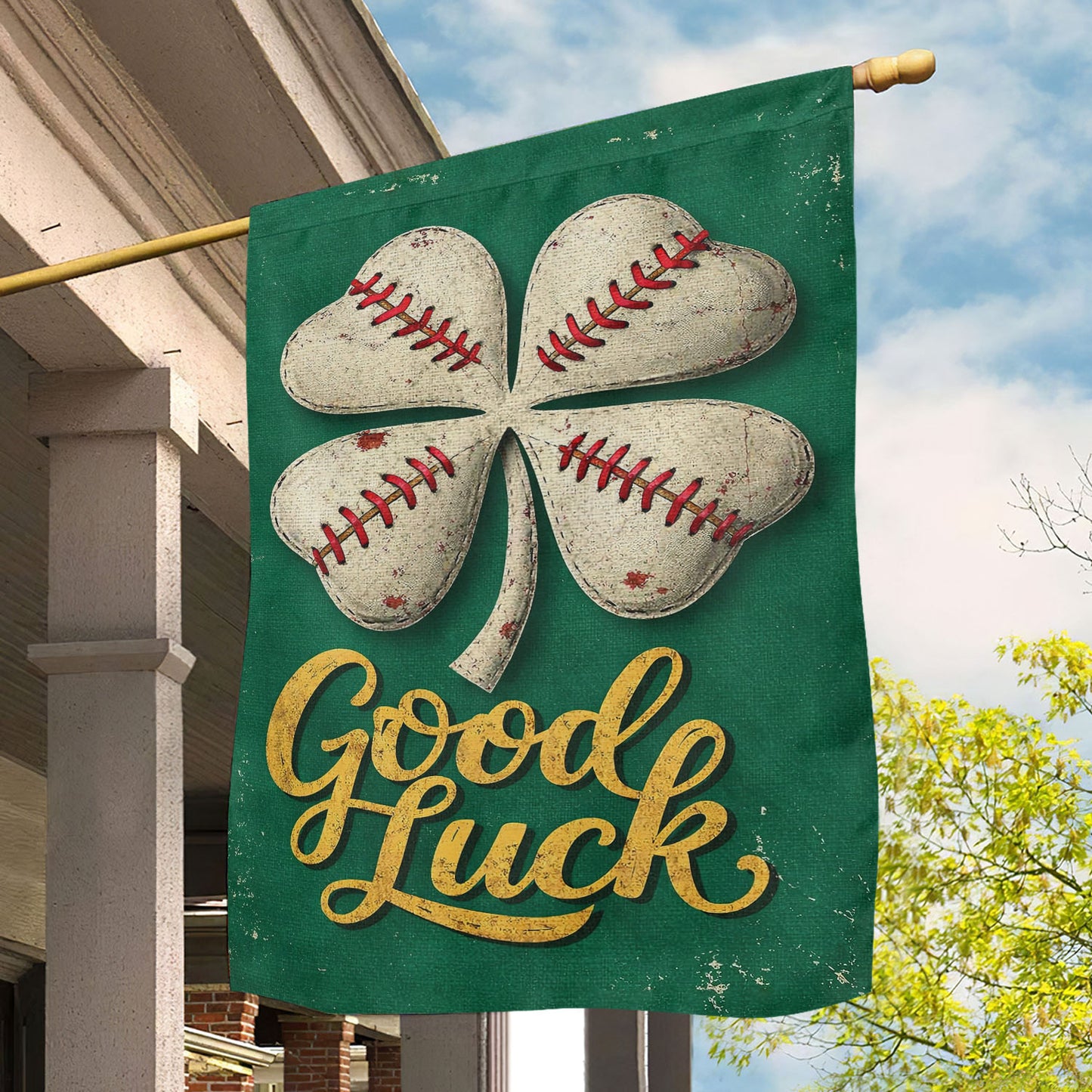 Baseball Four-Leaf Clover Garden Flag & House Flag, Good Luck Outdoor Decor, St Patrick's Day Yard Flag Gift For Baseball Lover