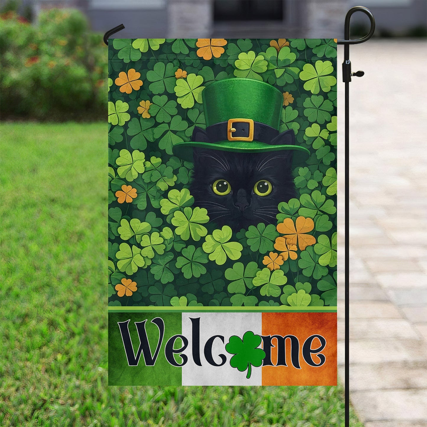 Four-Leaf Clover Cat Garden Flag & House Flag, Welcome Irish Outdoor Decor, St Patrick's Day Yard Flag Gift For Cat Lover