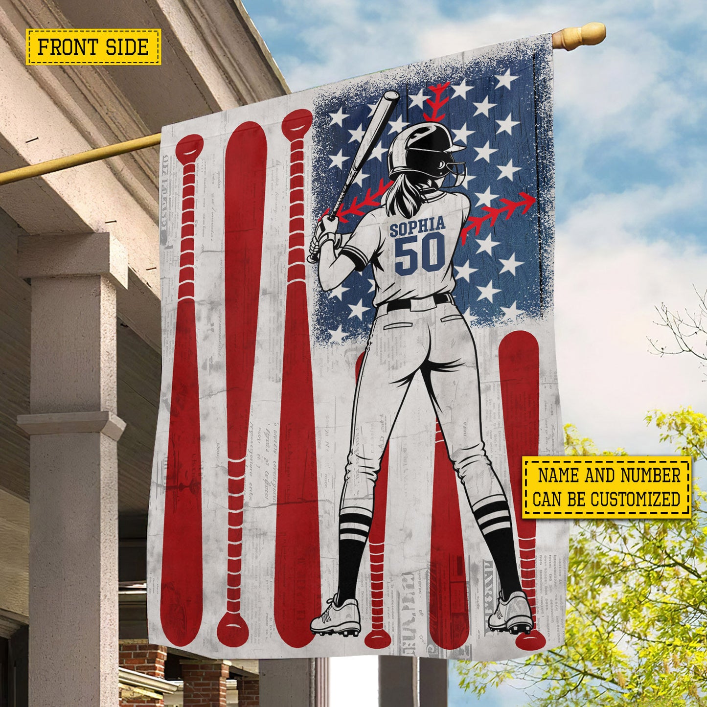 Personalized July 4th Softball Girl USA Garden Flag & House Flag, Swinging For Freedom Outdoor Decor, Independence Day Yard Flag Gift For Softball Lover