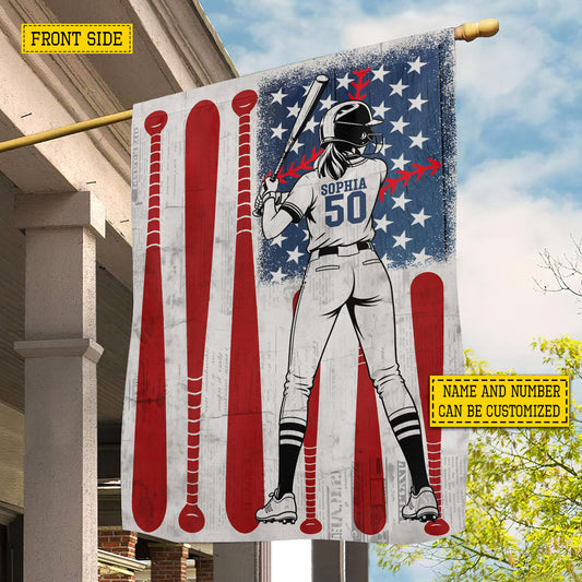 Personalized July 4th Softball Girl USA Garden Flag & House Flag, Swinging For Freedom Outdoor Decor, Independence Day Yard Flag Gift For Softball Lover
