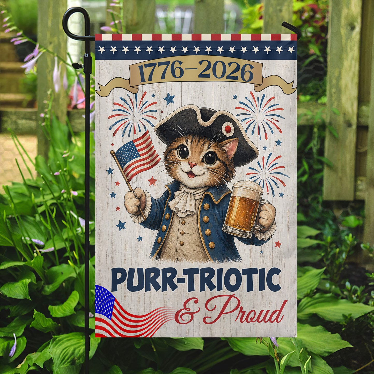 July 4th Cat 250 Anniversary USA Garden Flag & House Flag, Purr-triotic & Proud Outdoor Decor, Independence Day Yard Flag Gift For Cat Lover