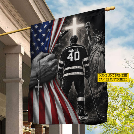 Personalized July 4th Hockey Man USA Garden Flag & House Flag, Faith, Freedom & Hockey Outdoor Decor, Independence Day Yard Flag Gift For Hockey Lover