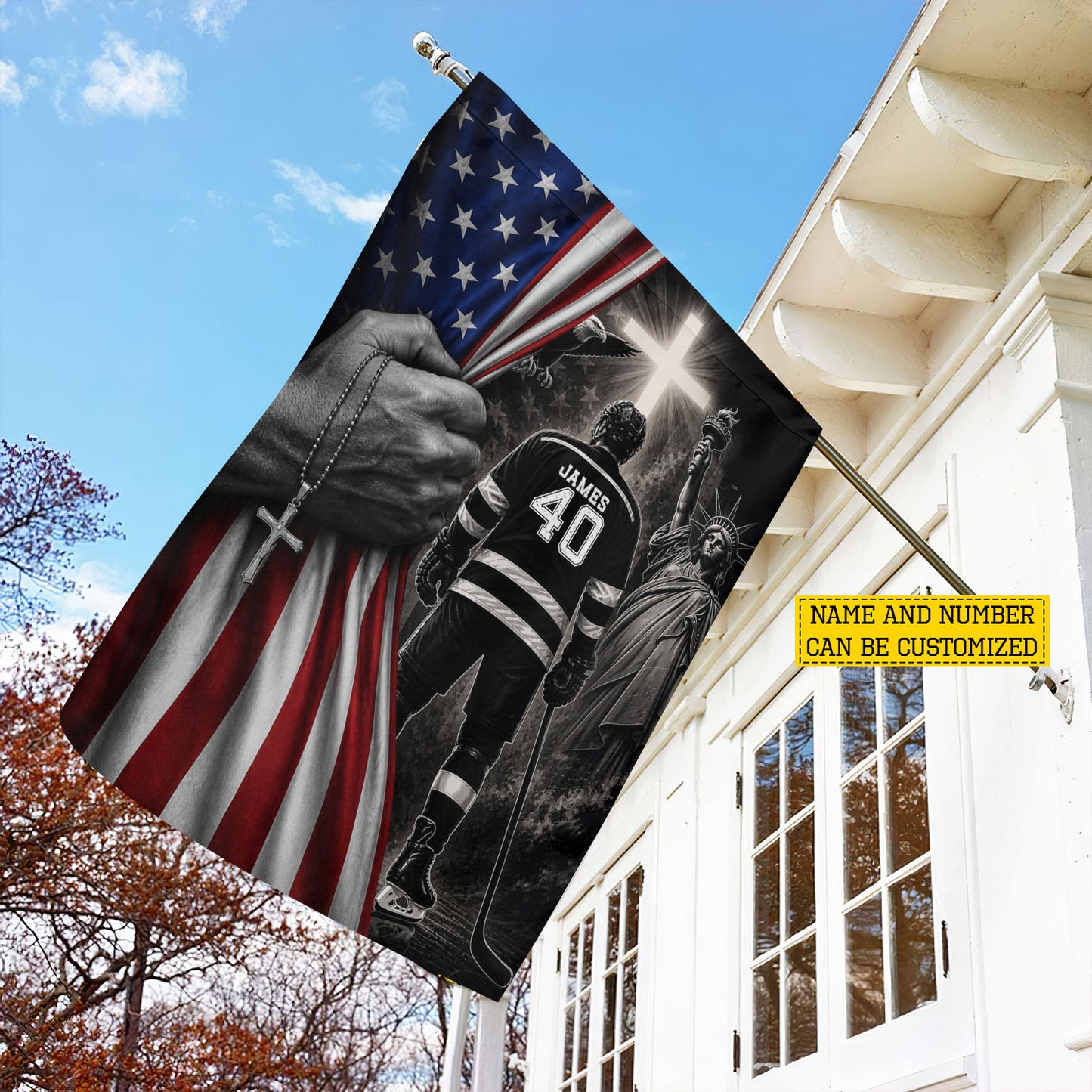 Personalized July 4th Hockey Man USA Garden Flag & House Flag, Faith, Freedom & Hockey Outdoor Decor, Independence Day Yard Flag Gift For Hockey Lover