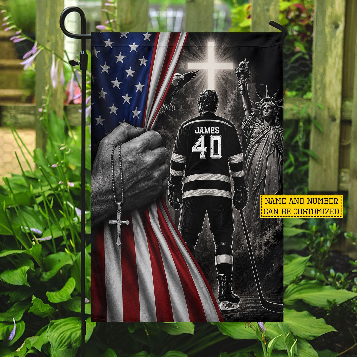 Personalized July 4th Hockey Man USA Garden Flag & House Flag, Faith, Freedom & Hockey Outdoor Decor, Independence Day Yard Flag Gift For Hockey Lover