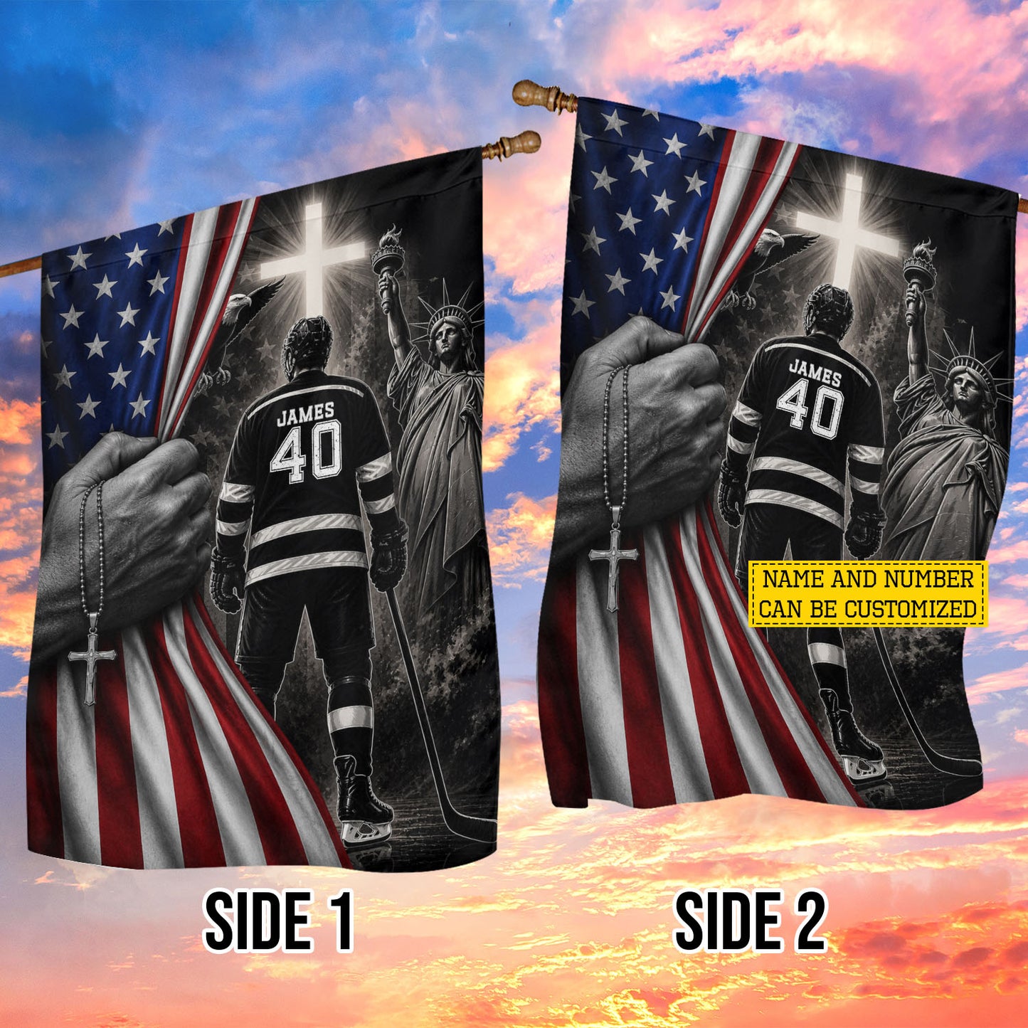Personalized July 4th Hockey Man USA Garden Flag & House Flag, Faith, Freedom & Hockey Outdoor Decor, Independence Day Yard Flag Gift For Hockey Lover