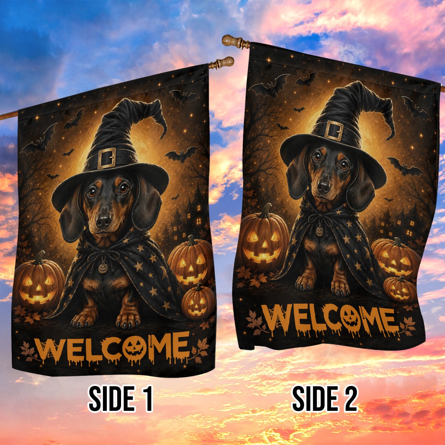 Halloween Dachshund Dog Garden & House Flag, Witch Wiener Dog Pumpkin Welcome Yard Flag, Spooky Season Gift For Dog Lover