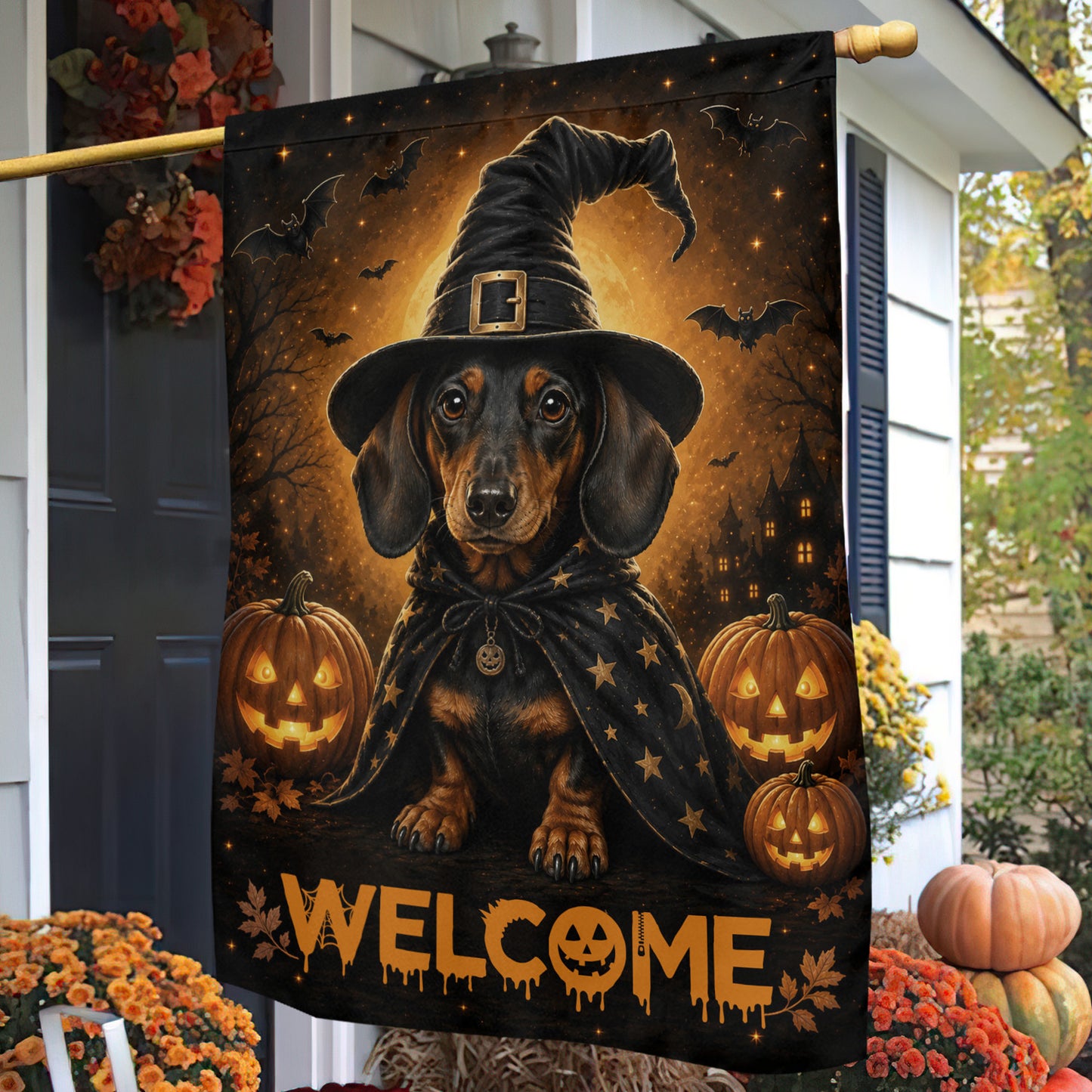 Halloween Dachshund Dog Garden & House Flag, Witch Wiener Dog Pumpkin Welcome Yard Flag, Spooky Season Gift For Dog Lover