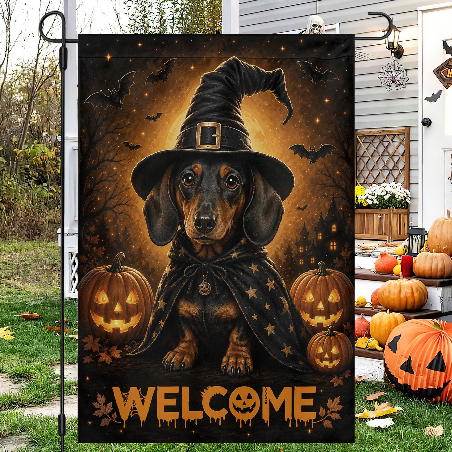 Halloween Dachshund Dog Garden & House Flag, Witch Wiener Dog Pumpkin Welcome Yard Flag, Spooky Season Gift For Dog Lover