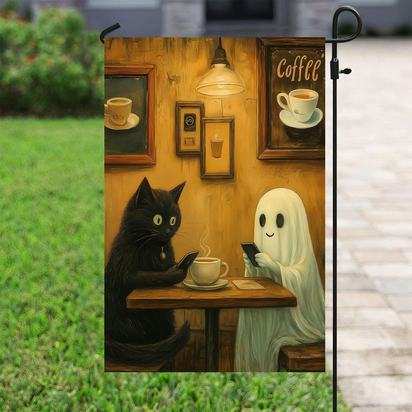 Halloween Cat Boo Garden Flag House Flag, Spirited Coffee Break Yard Flag Spooky Season Gift For Cat Lovers, Ghost Lovers