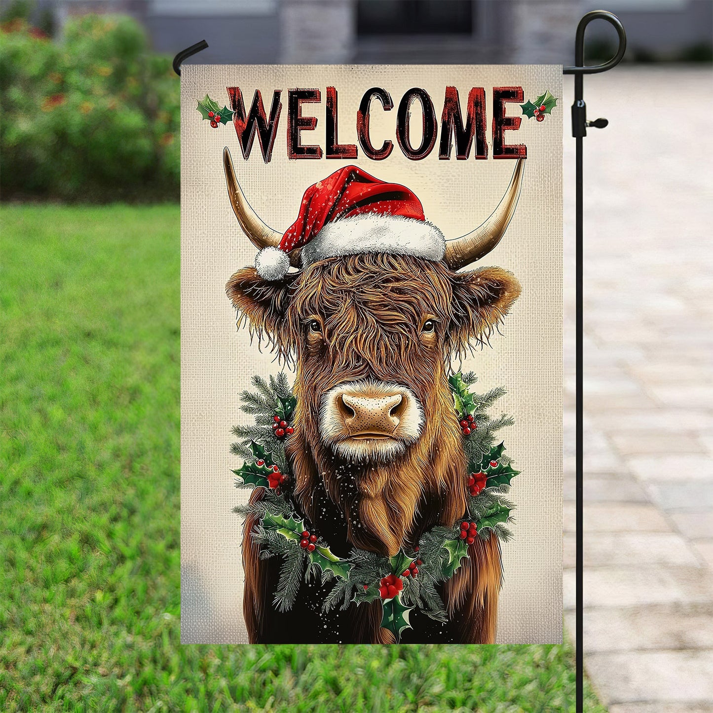 Christmas Highland Cow Garden Flag & House Flag, Welcome, Welcome Outdoor Decor, Xmas Yard Decor Gift For Cow Lovers