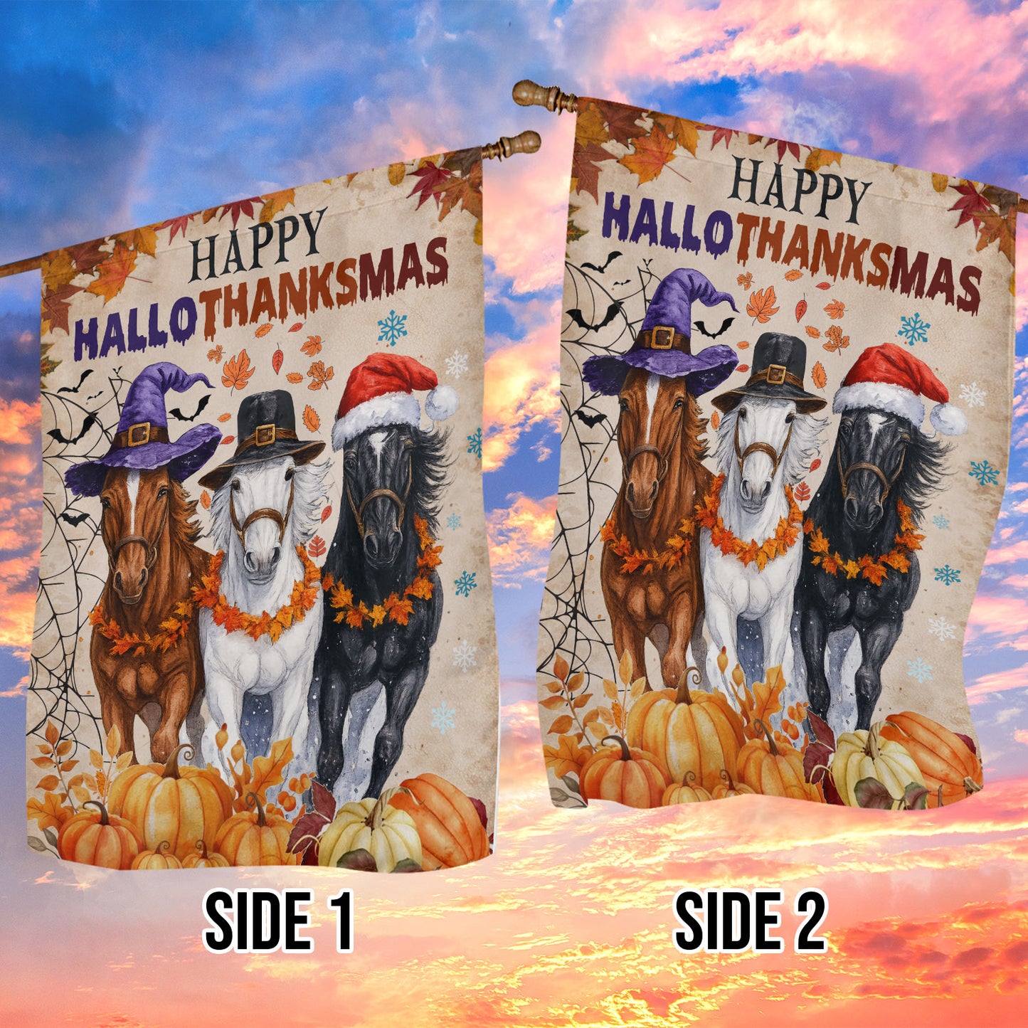 Funny Horse Garden & House Flag, Happy HalloThanksMas Horse Yard Flag, 3 Seasons In 1 Flag Gift For Horse Lovers