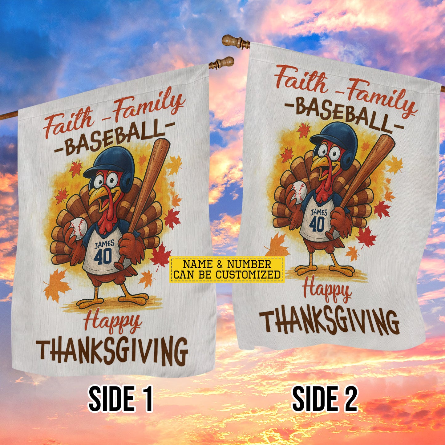 Cute Personalized Thanksgiving Baseball Garden & House Flag, Faith Family Baseball Thankful Turkey Outdoor Decor, Yard Decor Gift For Baseball Lovers