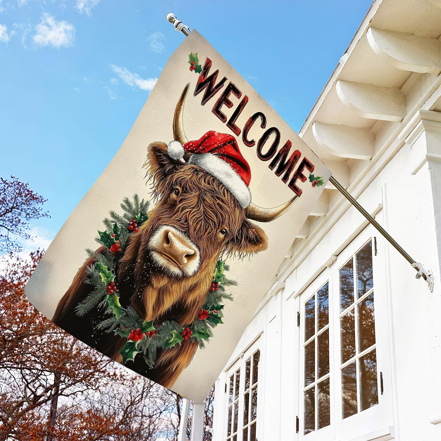 Christmas Highland Cow Garden Flag & House Flag, Welcome, Welcome Outdoor Decor, Xmas Yard Decor Gift For Cow Lovers