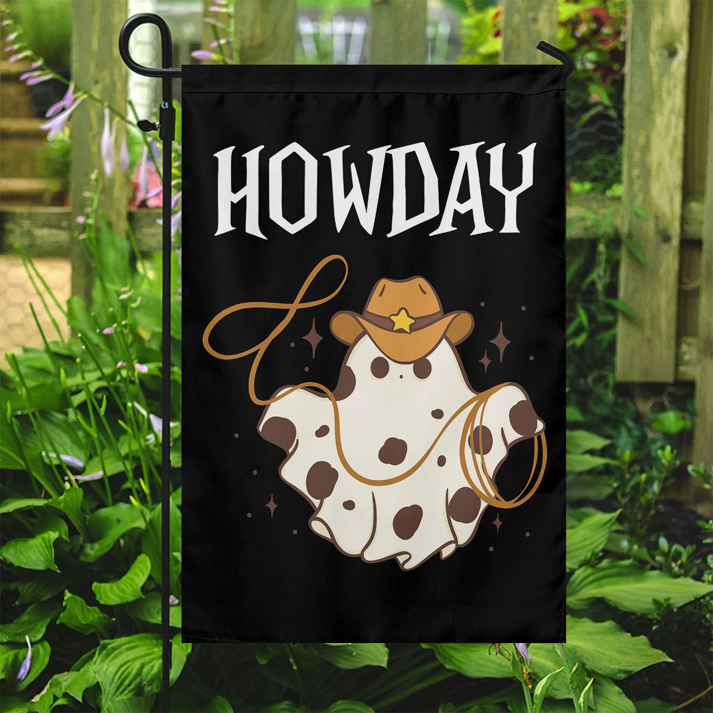 Funny Halloween Ghost Garden Flag & House Flag, Howdy Halloween Outdoor Decor, Spooky Yard Decor Gift For Cowboy Lovers