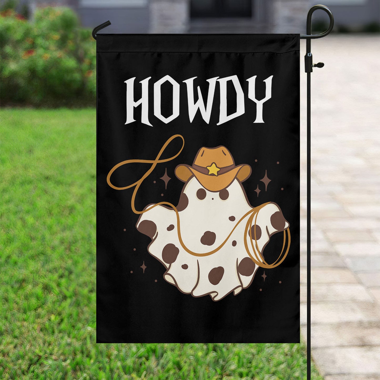 Funny Halloween Ghost Garden Flag & House Flag, Howdy Halloween Outdoor Decor, Spooky Yard Decor Gift For Cowboy Lovers