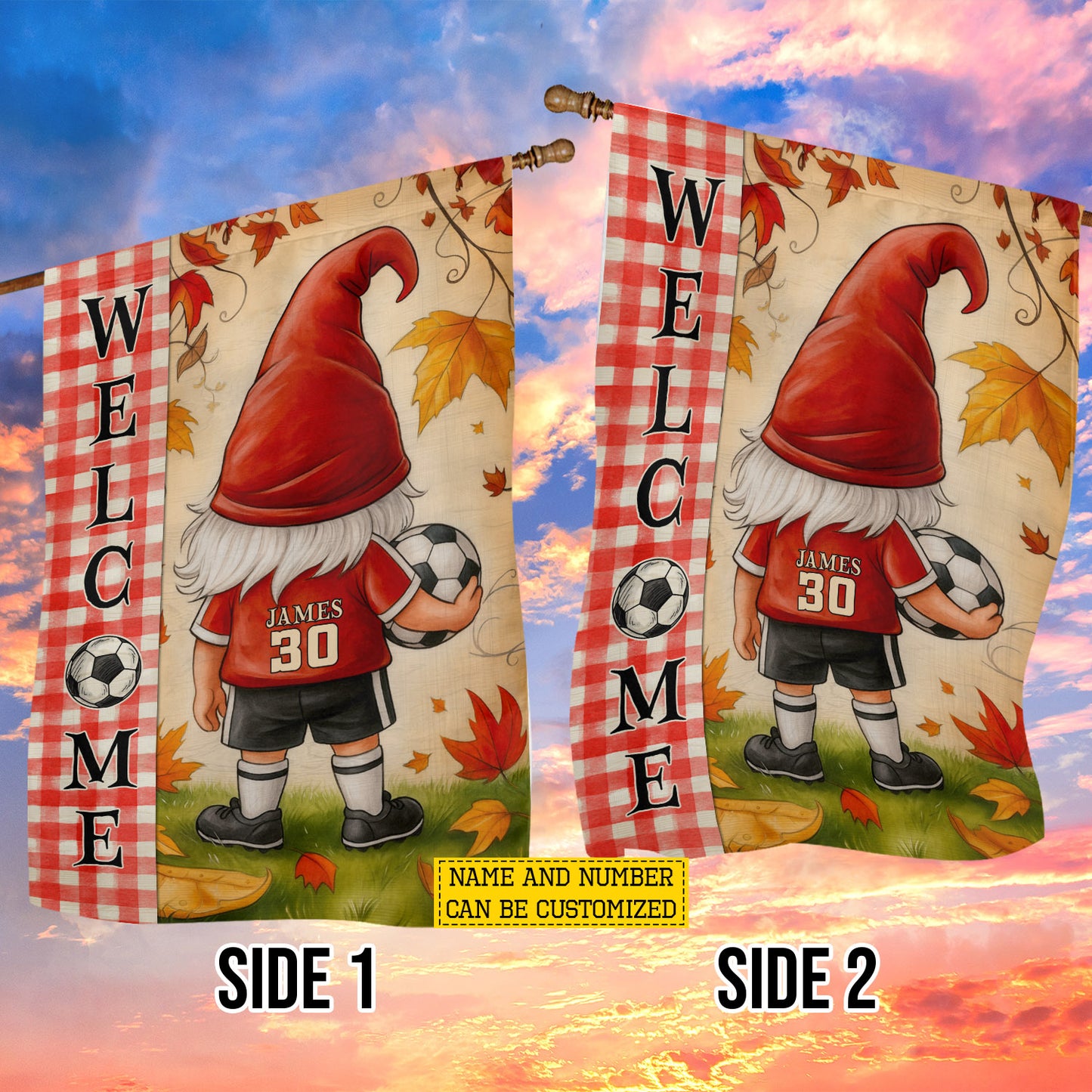 Personalized Thanksgiving Soccer Gnomie Garden & House Flag, Welcome Thankful Outdoor Decor, Yard Decor Gift For Soccer Lovers