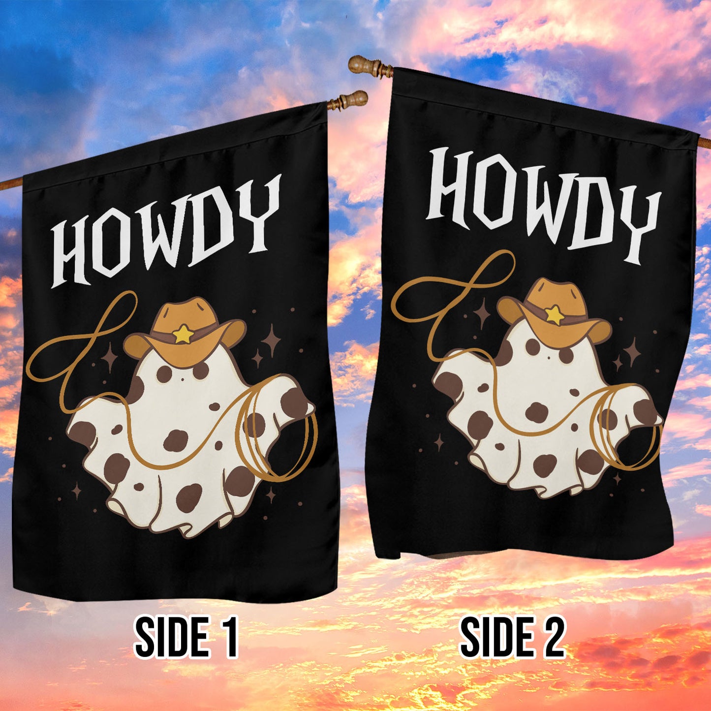 Funny Halloween Ghost Garden Flag & House Flag, Howdy Halloween Outdoor Decor, Spooky Yard Decor Gift For Cowboy Lovers