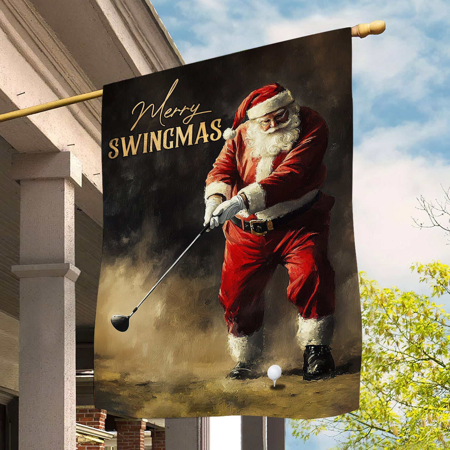 Christmas Santa Claus Playing Golf Garden Flag & House Flag, Merry Swingmas, Welcome Outdoor Decor, Xmas Yard Decor Gift For Golf Lovers