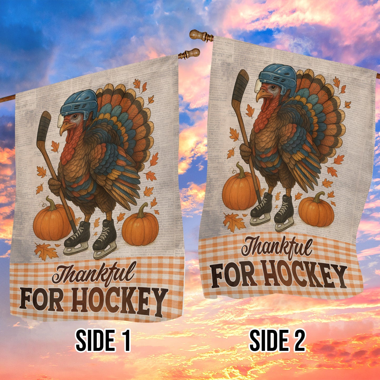 Thanksgiving Hockey Garden & House Flag, Thankful For Hockey Turkey Outdoor Decor, Yard Decor Gift For Hockey Lovers