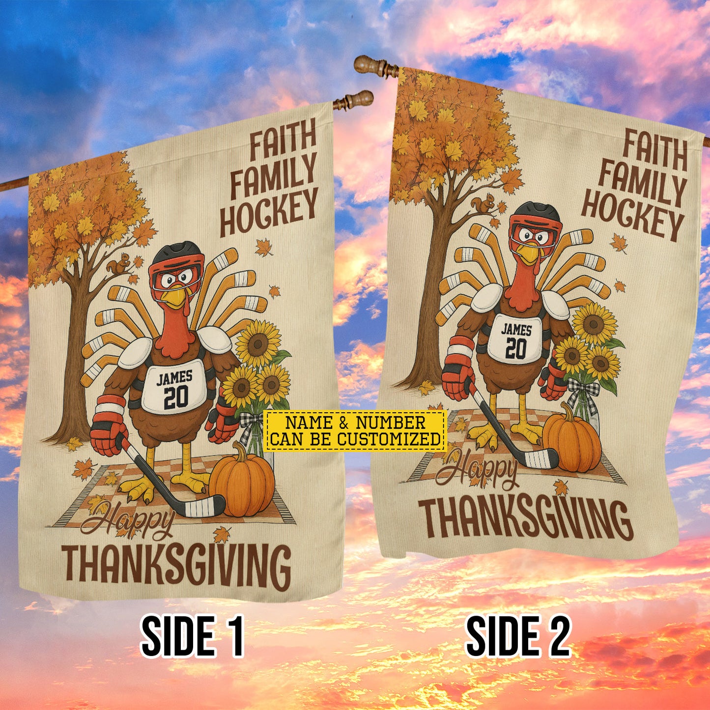 Personalized Thanksgiving Hockey Garden & House Flag, Faith Family Hockey Turkey Outdoor Decor, Yard Decor Thankful Gift For Hockey Lovers