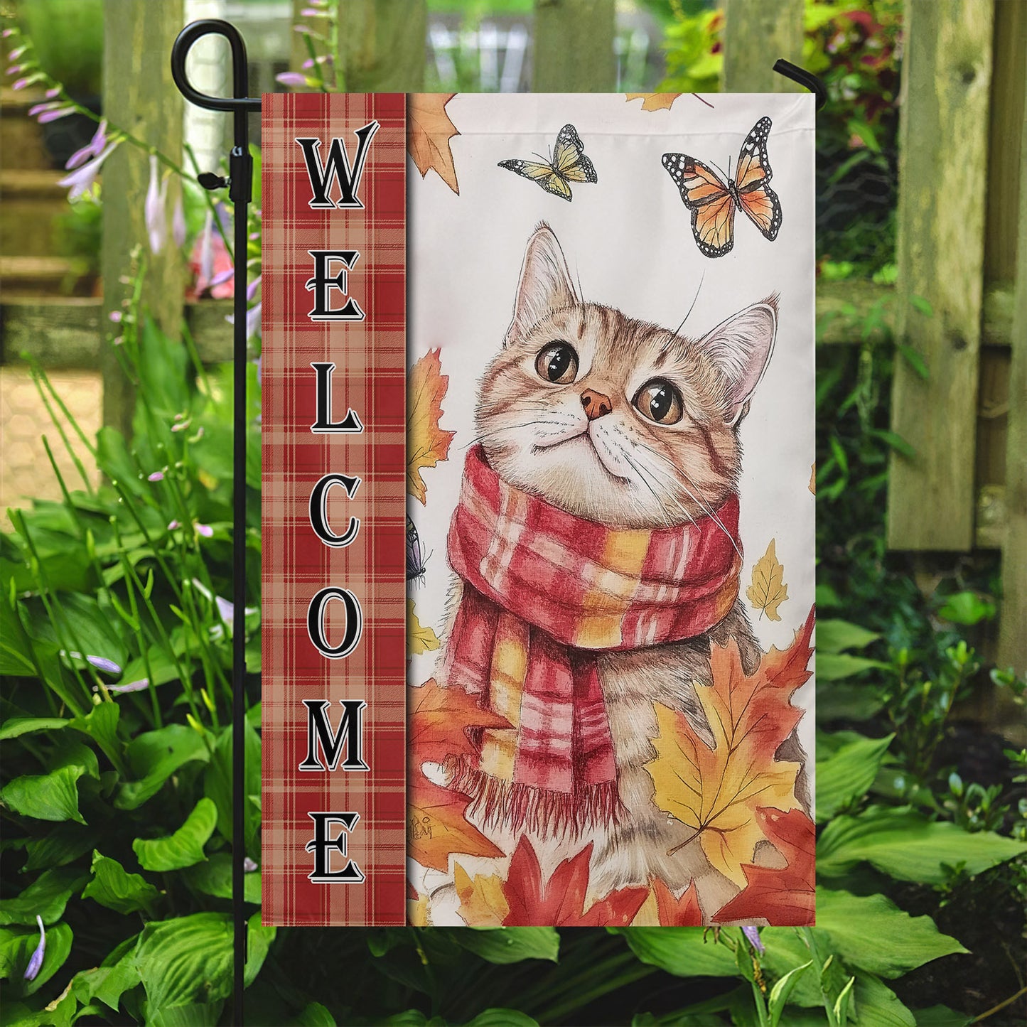 Cute Thanksgiving Cat Garden & House Flag, Welcome Outdoor Decor, Give Thanks Yard Decor Gift For Cat Lovers