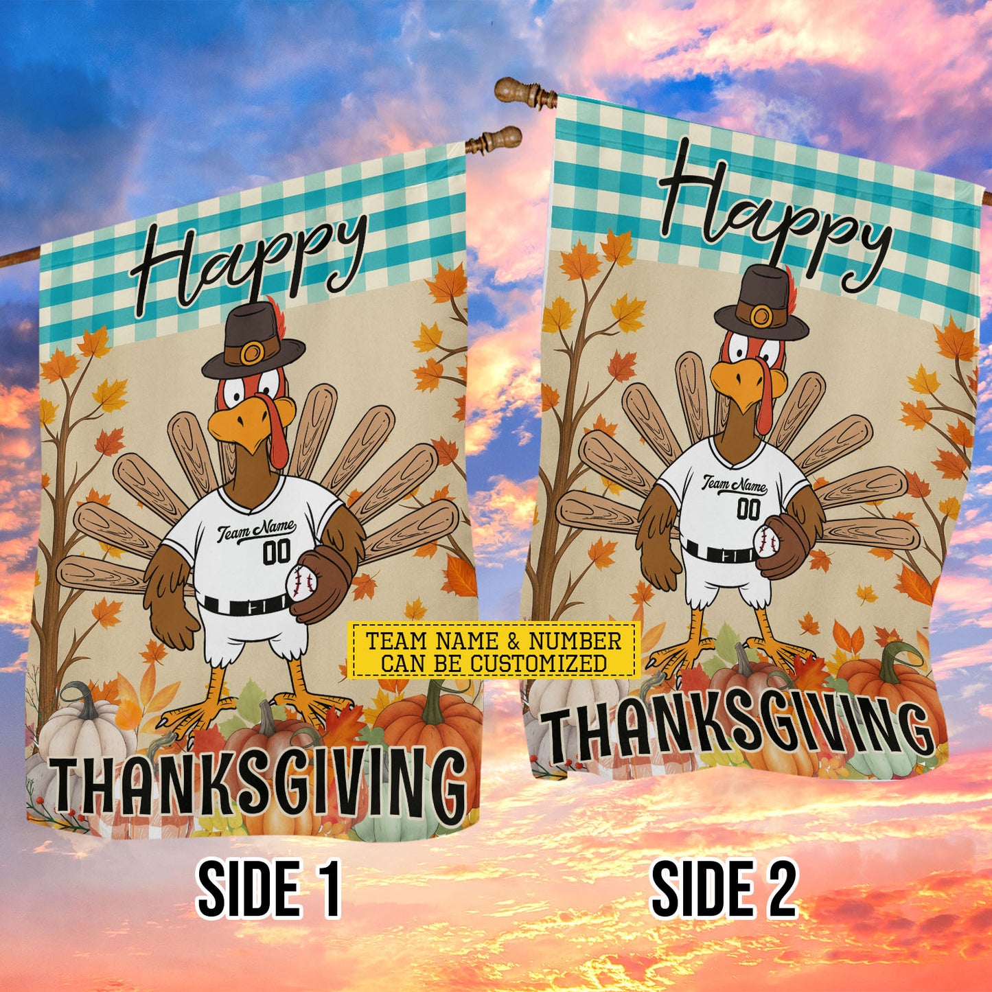 Personalized Thanksgiving Baseball Garden & House Flag, Happy Thanksgiving Thankful Turkey Outdoor Decor, Yard Decor Gift For Baseball Lovers