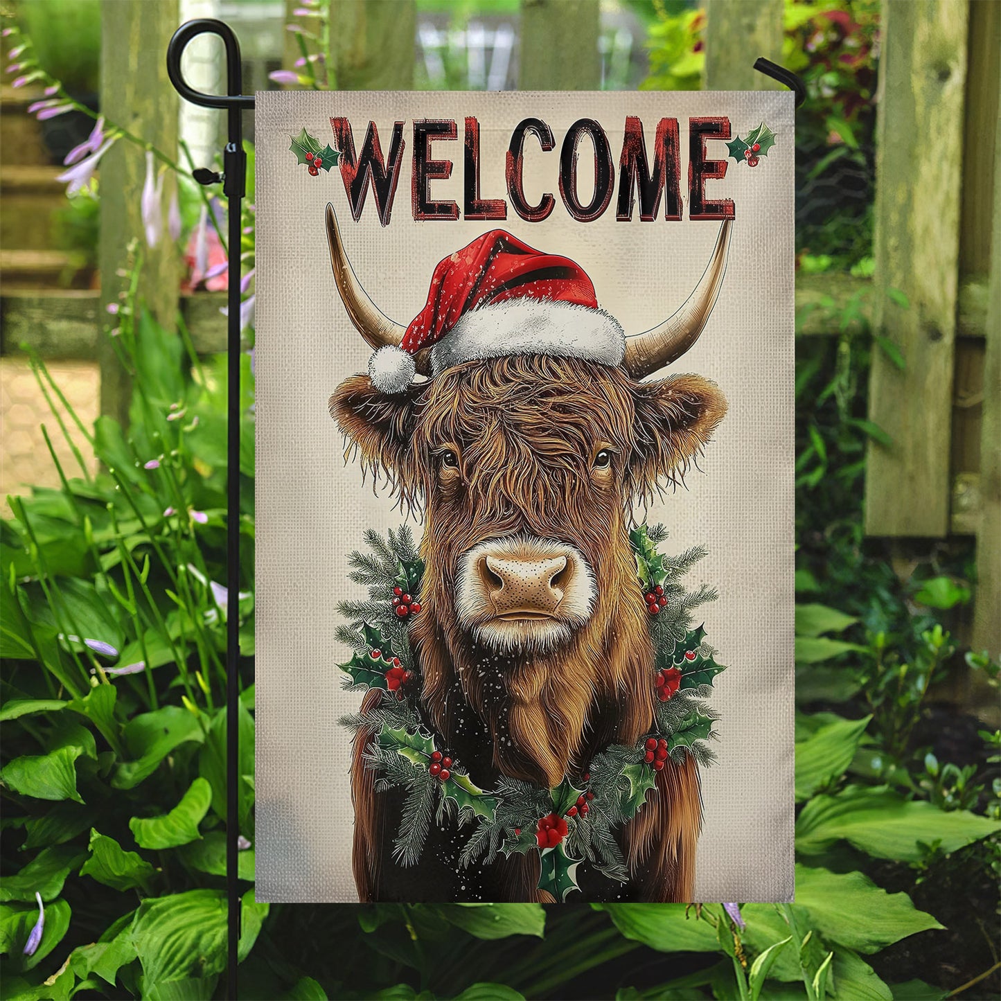 Christmas Highland Cow Garden Flag & House Flag, Welcome, Welcome Outdoor Decor, Xmas Yard Decor Gift For Cow Lovers