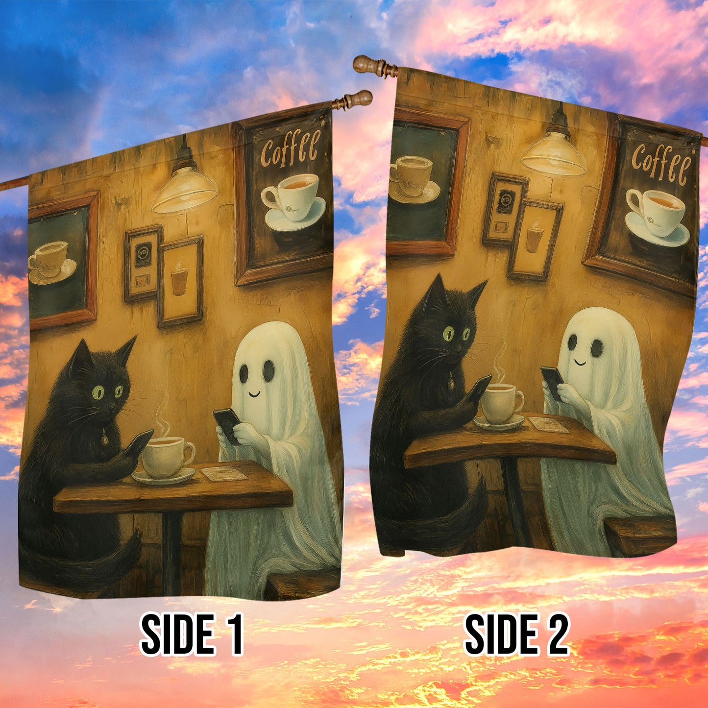 Halloween Cat Boo Garden Flag House Flag, Spirited Coffee Break Yard Flag Spooky Season Gift For Cat Lovers, Ghost Lovers