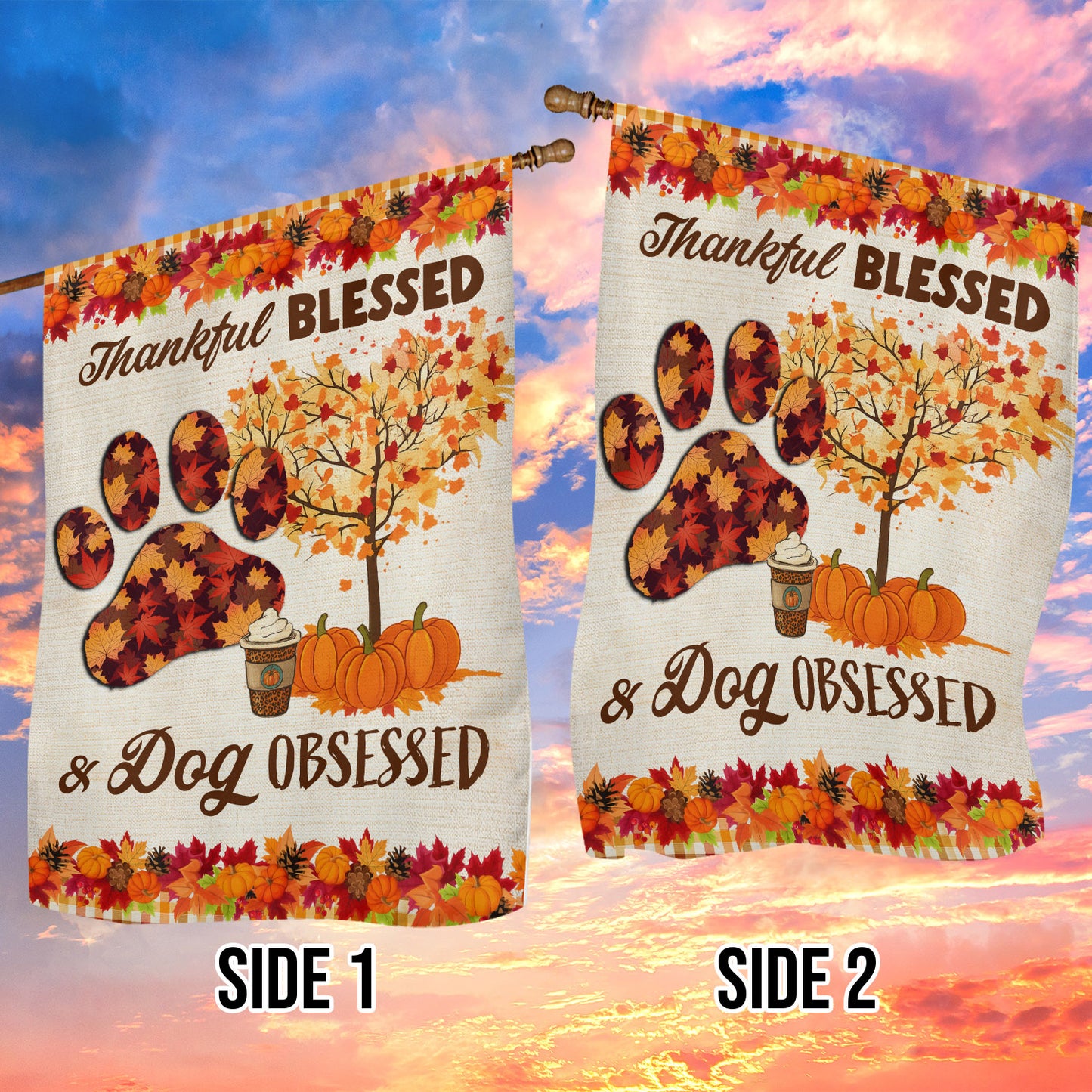 Thanksgiving Dog Garden & House Flag, Thankful Blessed & Dog Obsessed Outdoor Decor, Give Thanks Yard Decor Gift For Dog Lovers