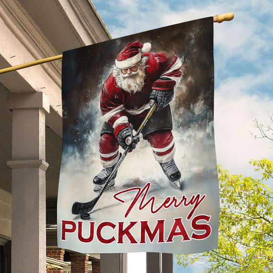 Christmas Santa Claus Playing Hockey Garden Flag & House Flag, Merry Puckmas, Welcome Outdoor Decor, Xmas Yard Decor Gift For Hockey Lovers