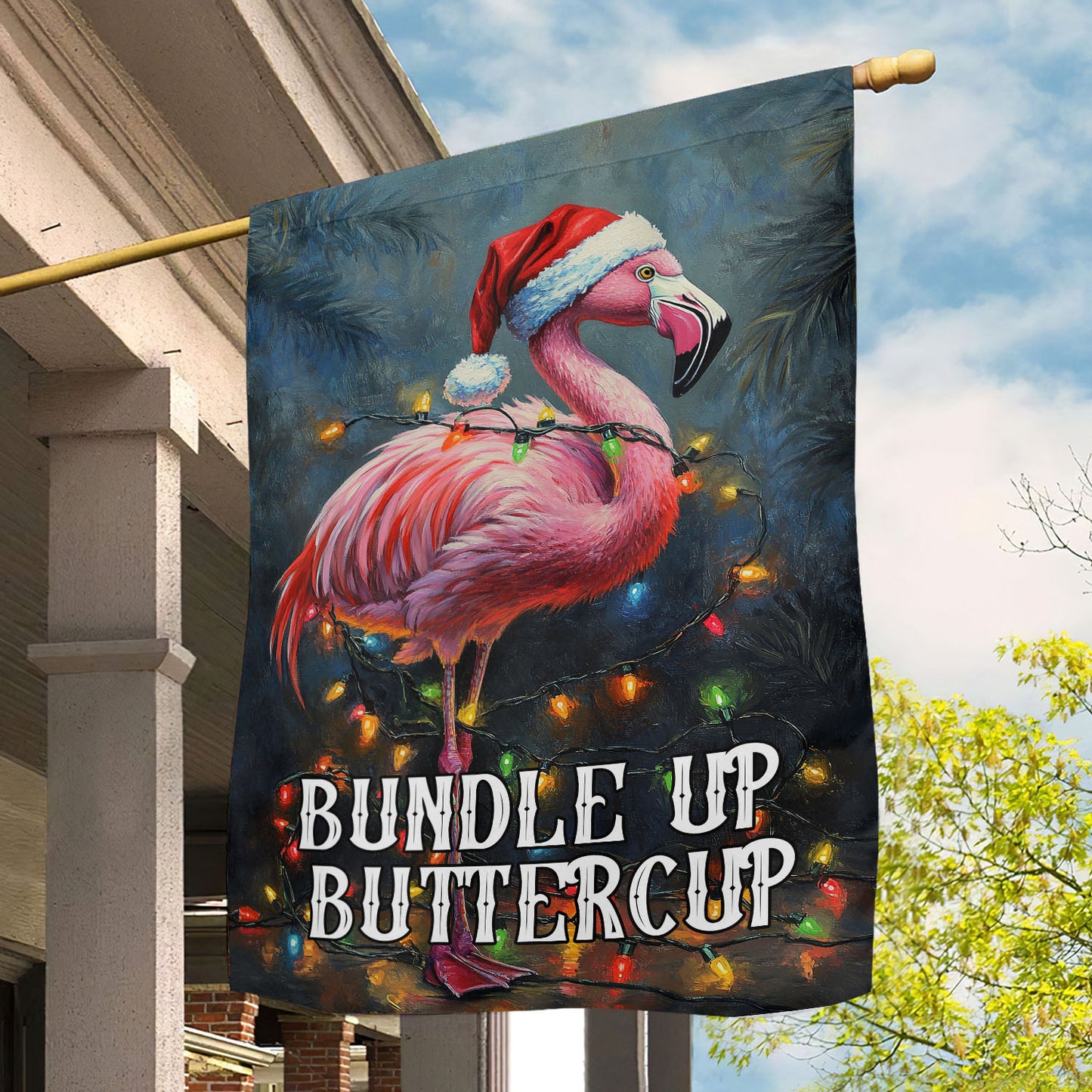 Christmas Flamingo Garden Flag & House Flag, Bundle Up Buttercup, Welcome Outdoor Decor, Xmas Yard Decor Gift For Flamingo Lovers