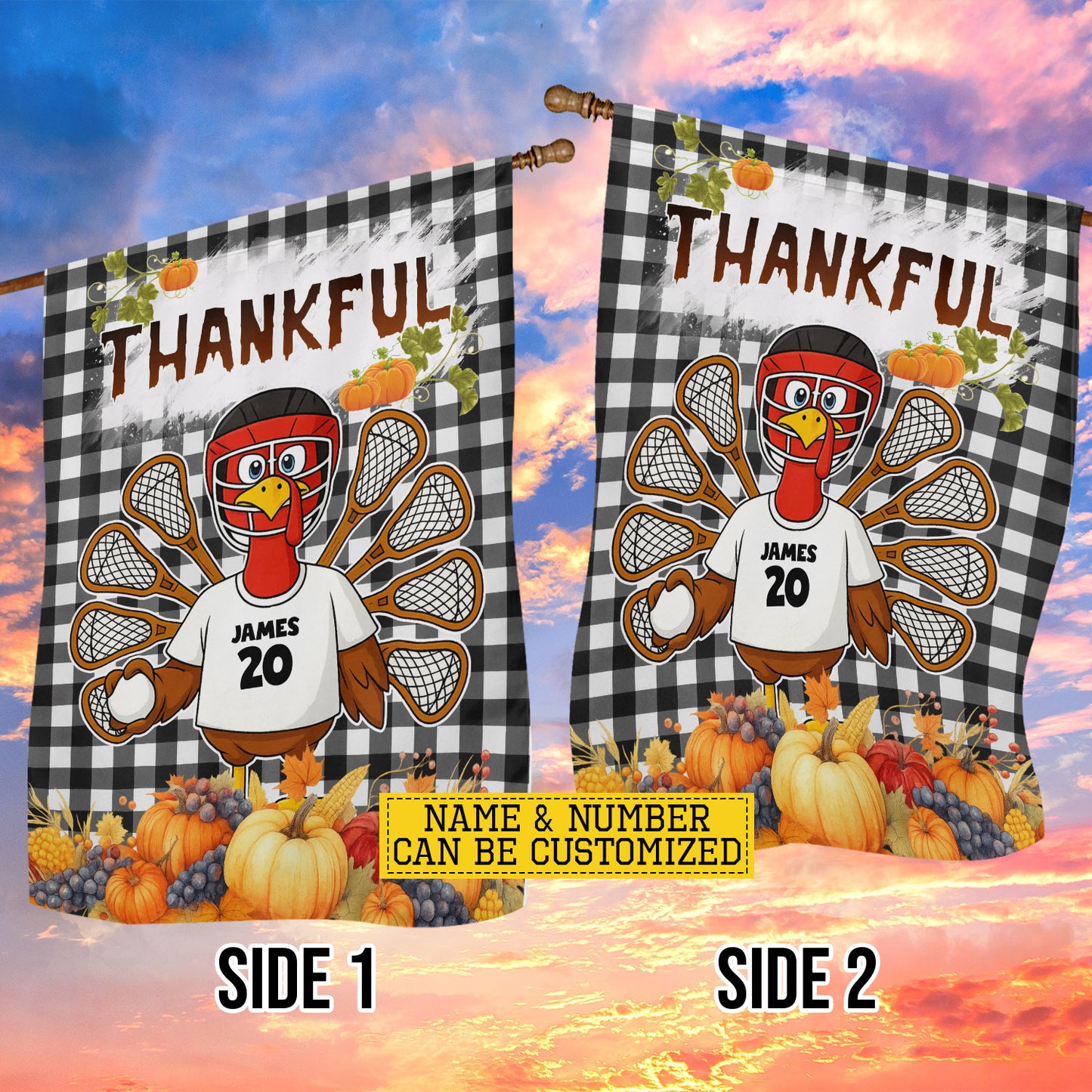 Personalized Thanksgiving Lacrosse Garden & House Flag, Thankful For Lacrosse With Turkey Outdoor Decor, Yard Decor Gift For Lacrosse Lovers