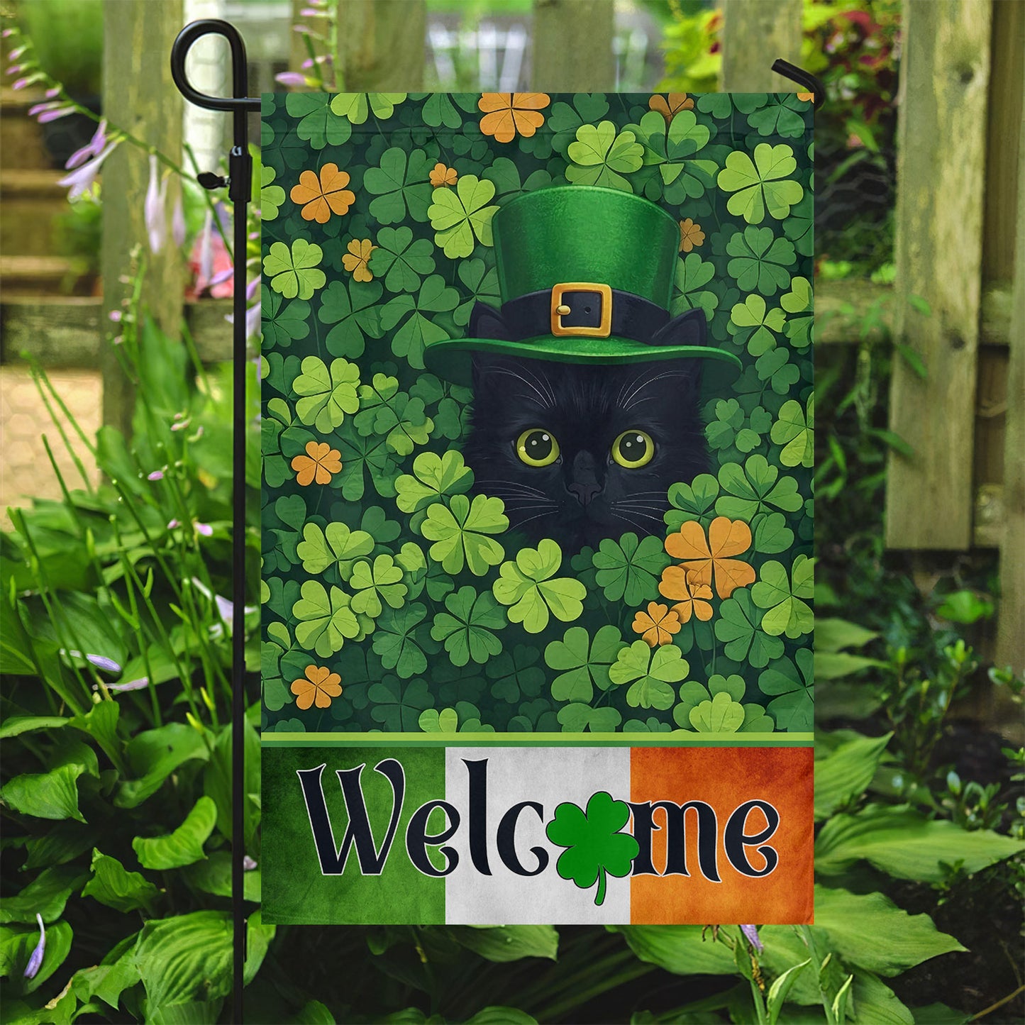 Four-Leaf Clover Cat Garden Flag & House Flag, Welcome Irish Outdoor Decor, St Patrick's Day Yard Flag Gift For Cat Lover