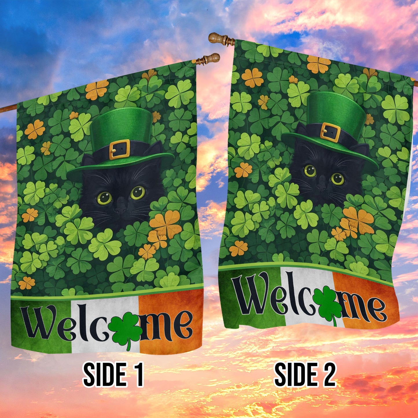 Four-Leaf Clover Cat Garden Flag & House Flag, Welcome Irish Outdoor Decor, St Patrick's Day Yard Flag Gift For Cat Lover