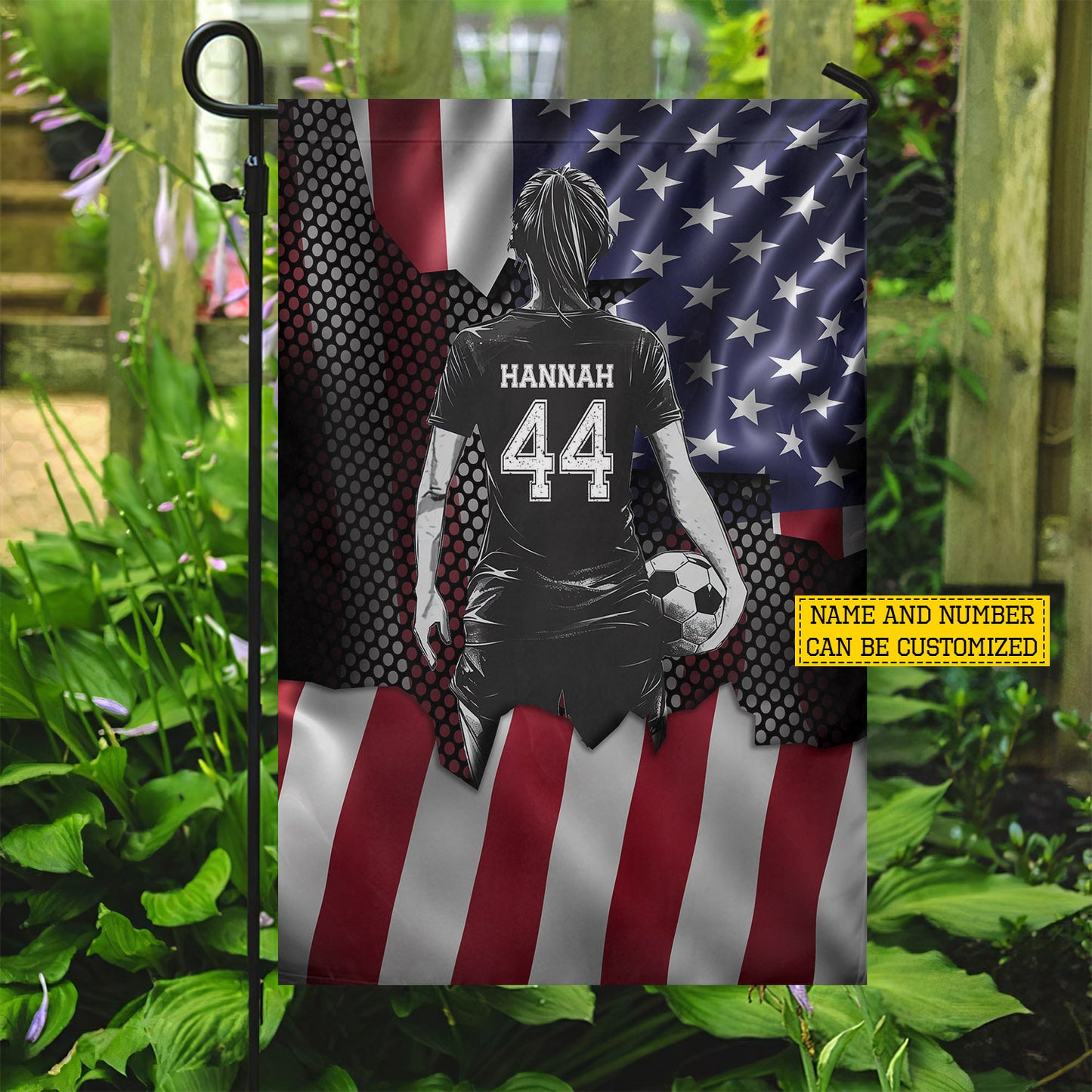 Personalized July 4th Soccer Girl USA Garden Flag & House Flag, Stars Stripes And Soccer Outdoor Decor, Independence Day Yard Flag Gift For Soccer Lover