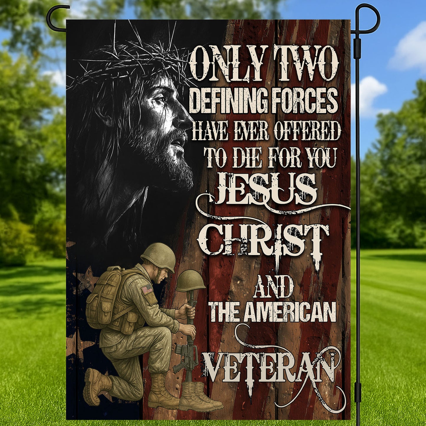 Veterans Day Jesus Garden & House Flag, Only Two Defining Forces USA Flag Gift For Veterans